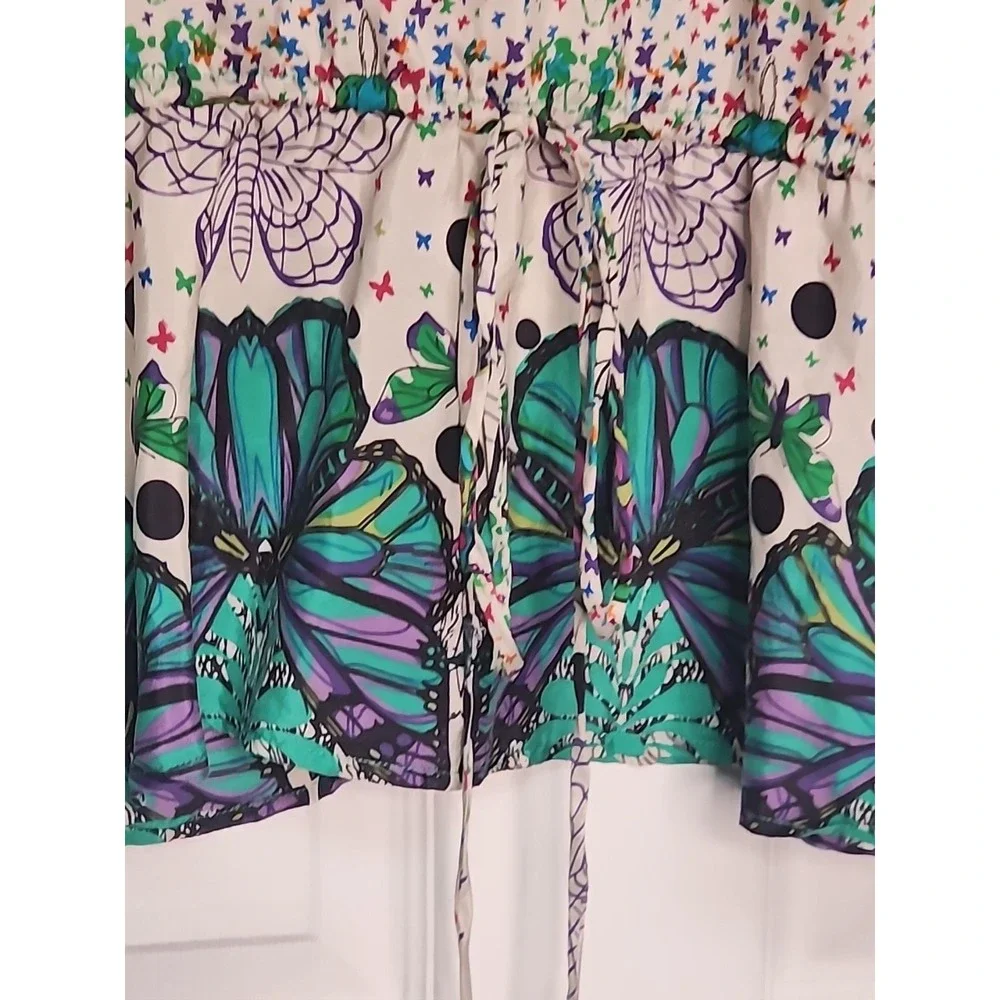Trinity Anthropologie 100% Silk Blue & Green Butterflys Short Sleeve Top Fairy